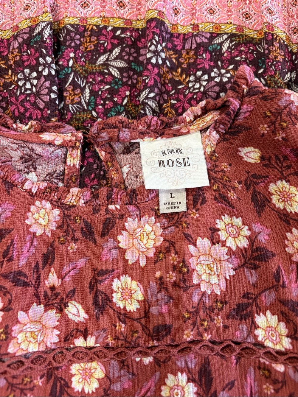 Knox Rose Rust Floral Tiered Boho Mini Dress | Size L | Like New - Picture 4 of 5